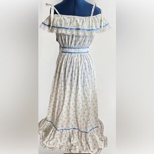 vintage 70s off shoulder ruffle floral print cotton cottage core maxi sun dress